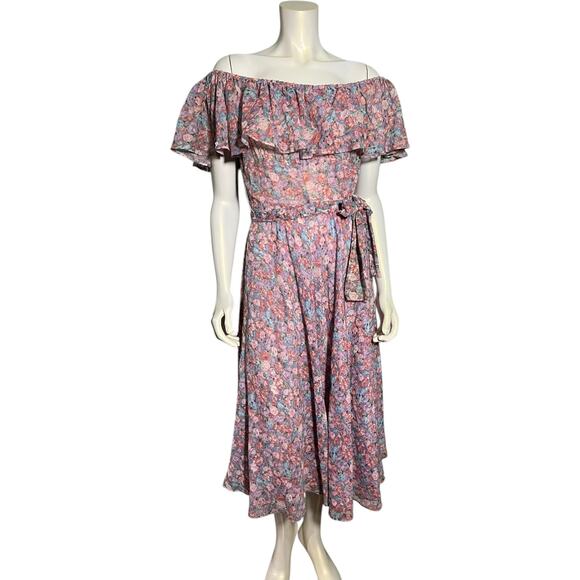 Vintage Samuel Blue Floral Off Shoulder Dress Size 14 Romantic Midi - Picture 1 of 10
